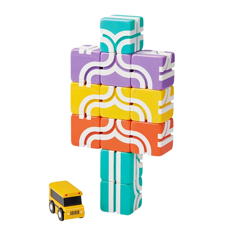 【Taiwan Qbi探索系列】1歲|快樂上學去:方塊堆疊組 13pcs (線上題卡版)Happy School Bus Stack and Stay Creative Blocks (Online Challenge Games)