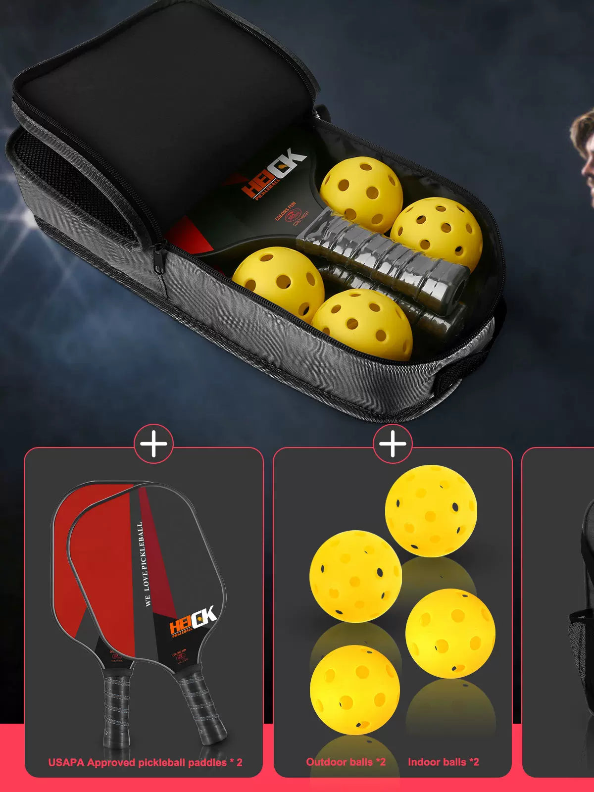USAPA认证比赛级碳纤维匹克球拍套装(2拍4球1收纳袋) Pickleball