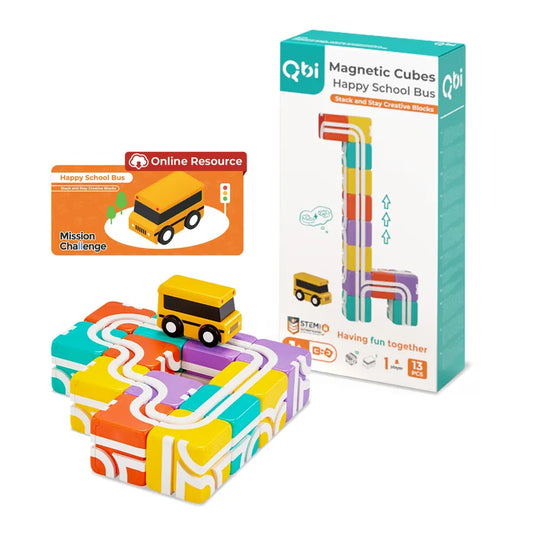 【Taiwan Qbi探索系列】1歲｜快樂上學去：方塊堆疊組 13pcs (線上題卡版)Happy School Bus Stack and Stay Creative Blocks (Online Challenge Games)